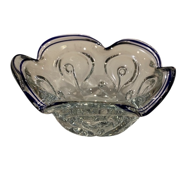 1990s Lillian Vernon Crystal Candy Bowl With Cobalt And Ruffle Edge Vintage - Picture 2 of 15